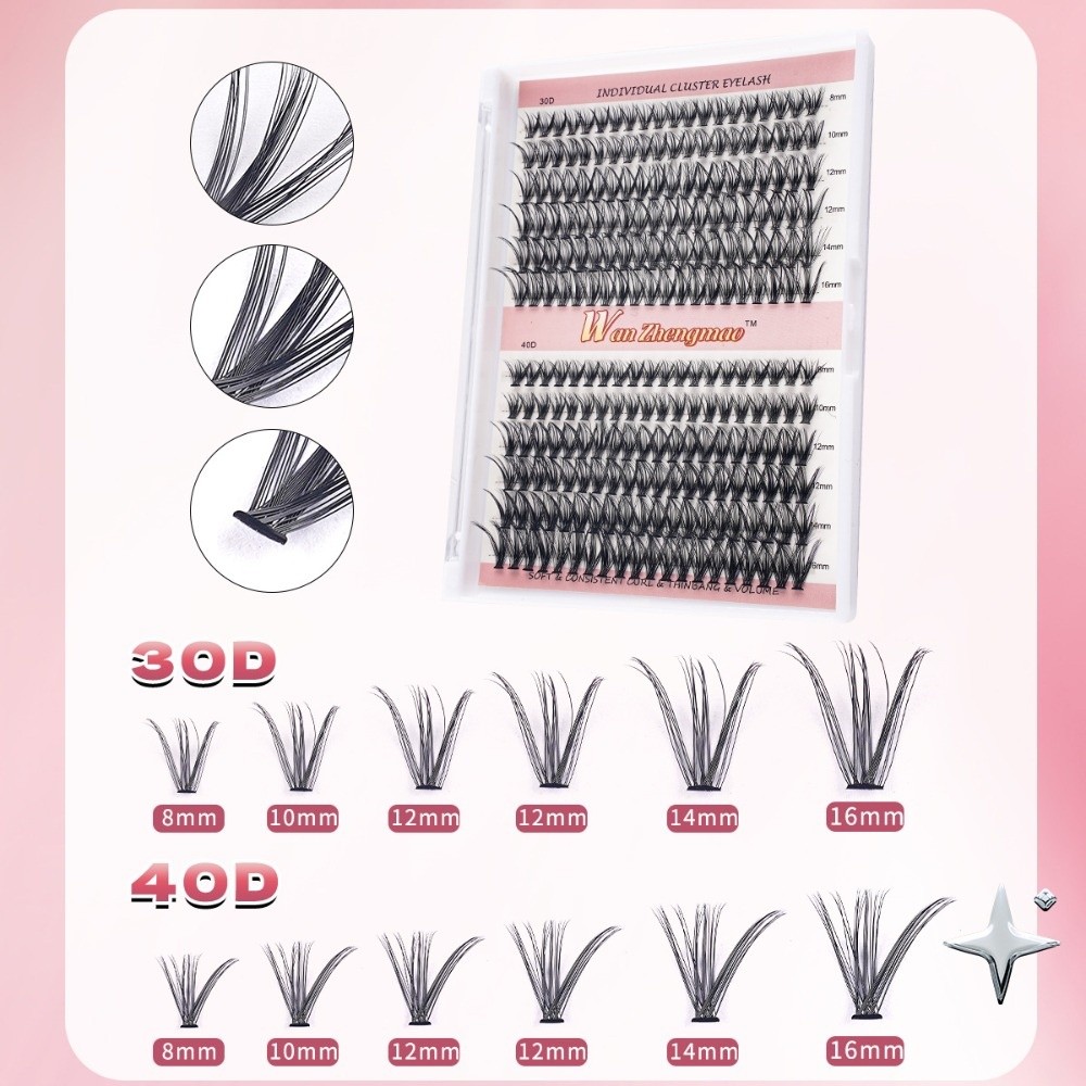Eyelash Extension Wispy - 8-16mmの長さのつけまつげ、接着剤とシーラー付き、自然な見た目DIYまつげエクステキット、ウィスピー風クラスターデザインのつけまつげ